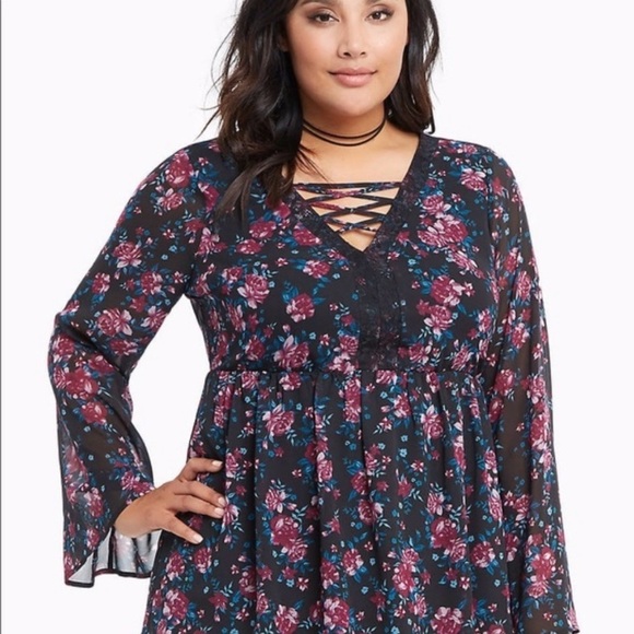 Torrid Floral Print Chiffon Lace Up Top - Picture 1 of 7